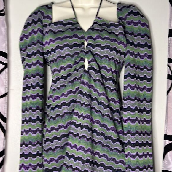 Vintage 90s Zara Green Purple Metallic Geo Striped Cutout Mini Dress Size M - Picture 5 of 11
